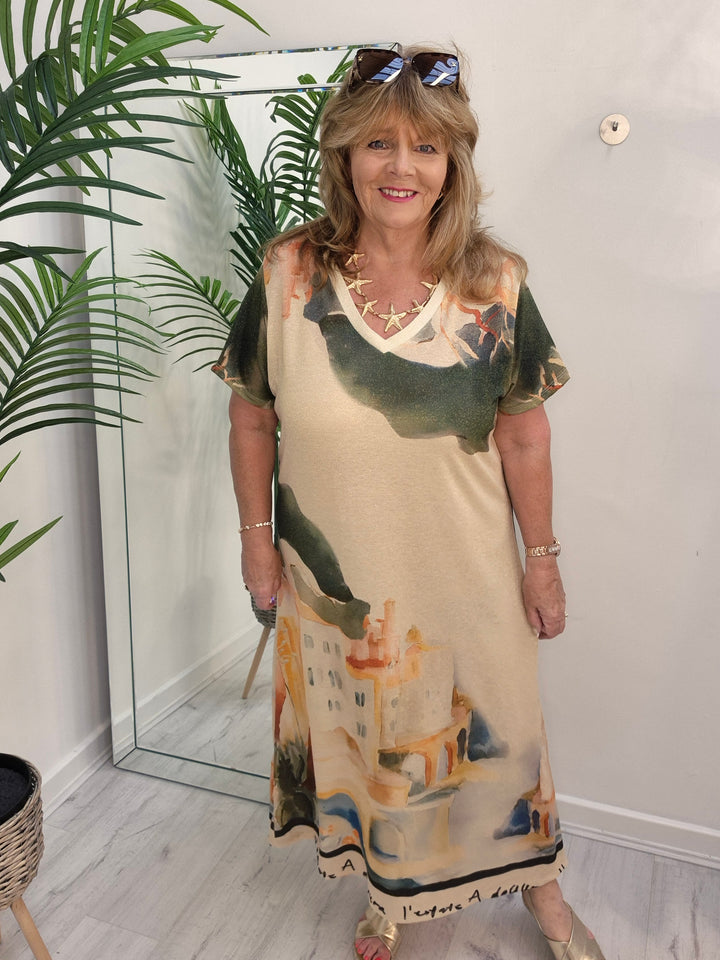 Carla Shimmer Maxi Dress - Amalfi Village - Cream (One Size - fits up to Size 18)