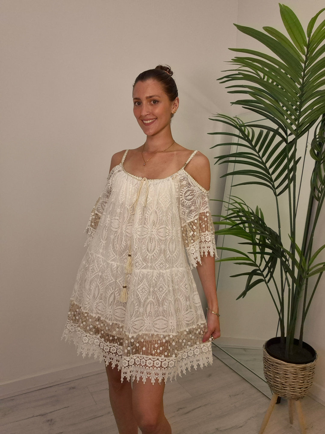 Ibiza Strappy Dress with Cold Shoulder - White/Gold