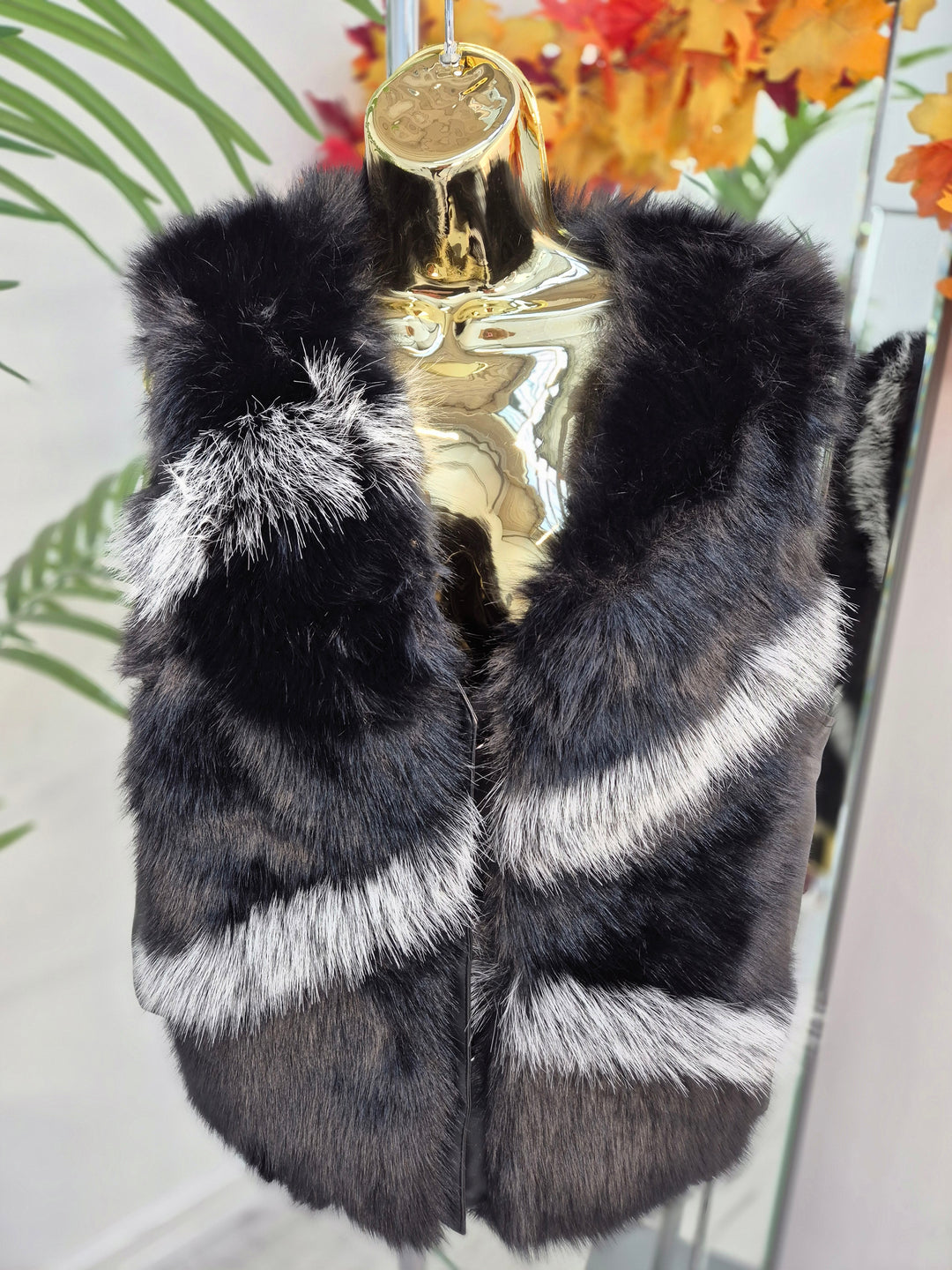 Oslo Faux Fur Two Tone Gilet with Crystal Fastenings - Black (One Size - fits up to Size 10 up to Size 16)