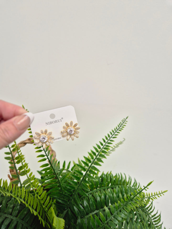 Crystal Flower Earrings - Gold Tone (Pierced)