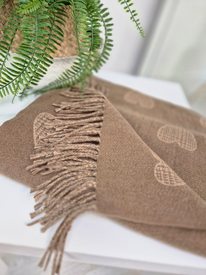 Hearts Oversized Scarf with Fringing - Chocolate