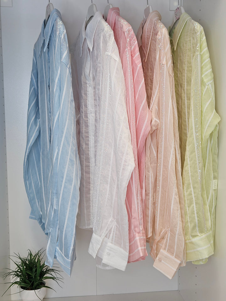 Krystle Diamante Semi Sheer Pin Stripe Blouse (choose your Colour & Size)