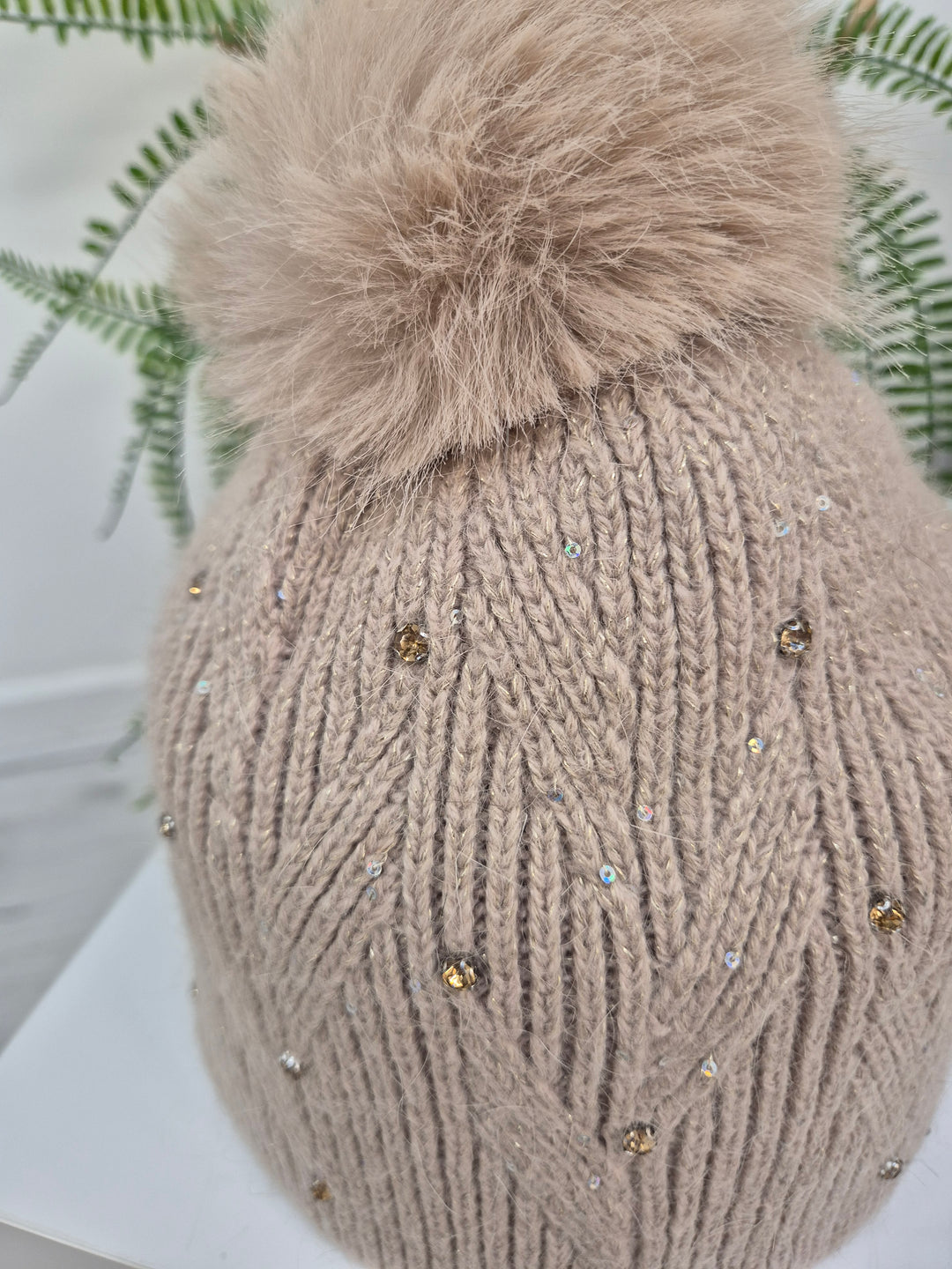 Oslo Fur Fur Pom Pom Hat with Crystals & Metallic Thread - Biscuit