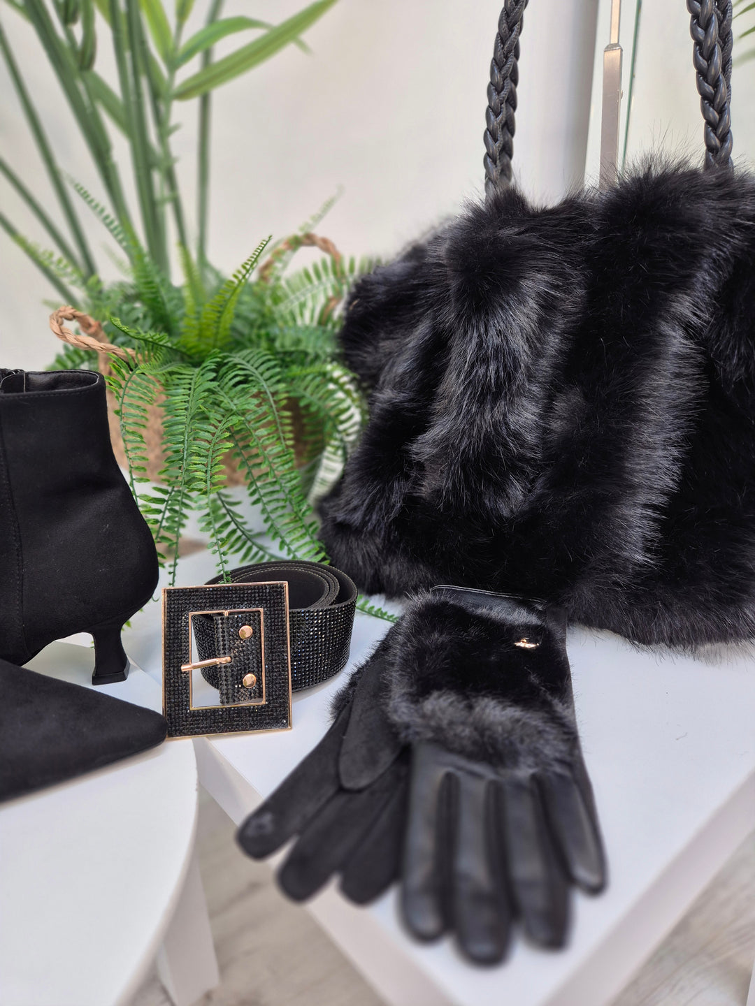 Oslo Faux Fur Bag with Dual Handles - Black (Large Size)