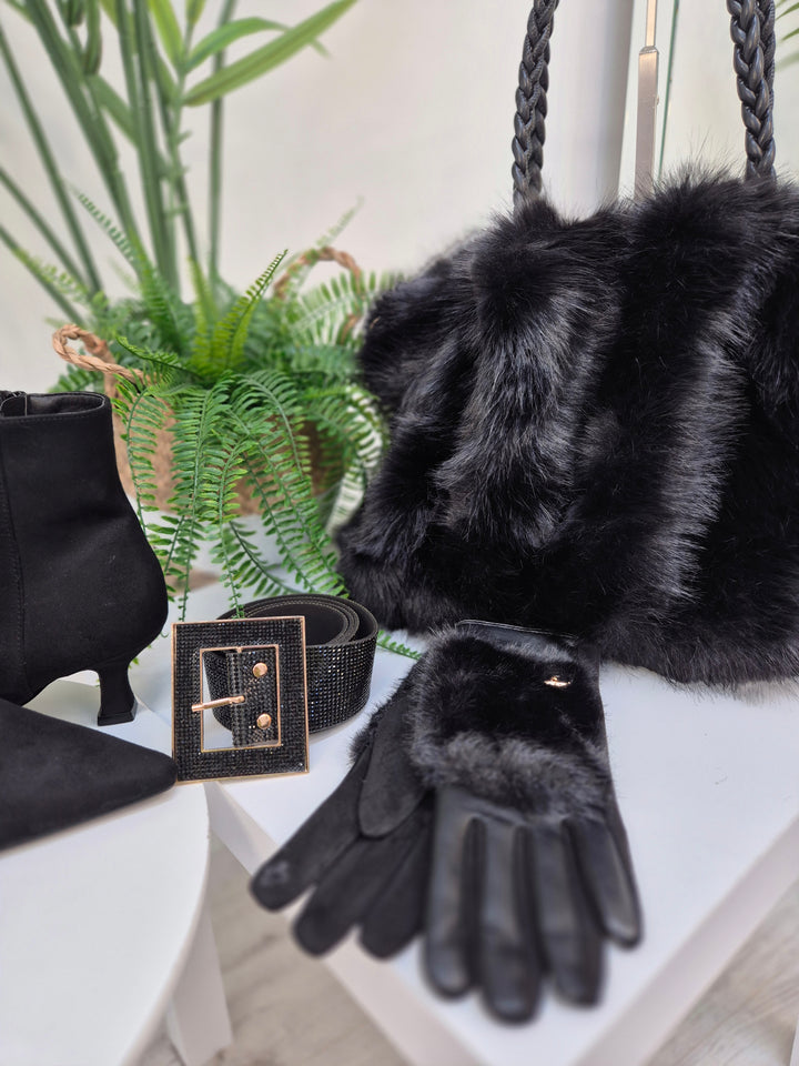 Oslo Faux Fur Bag with Dual Handles - Black (Large Size)