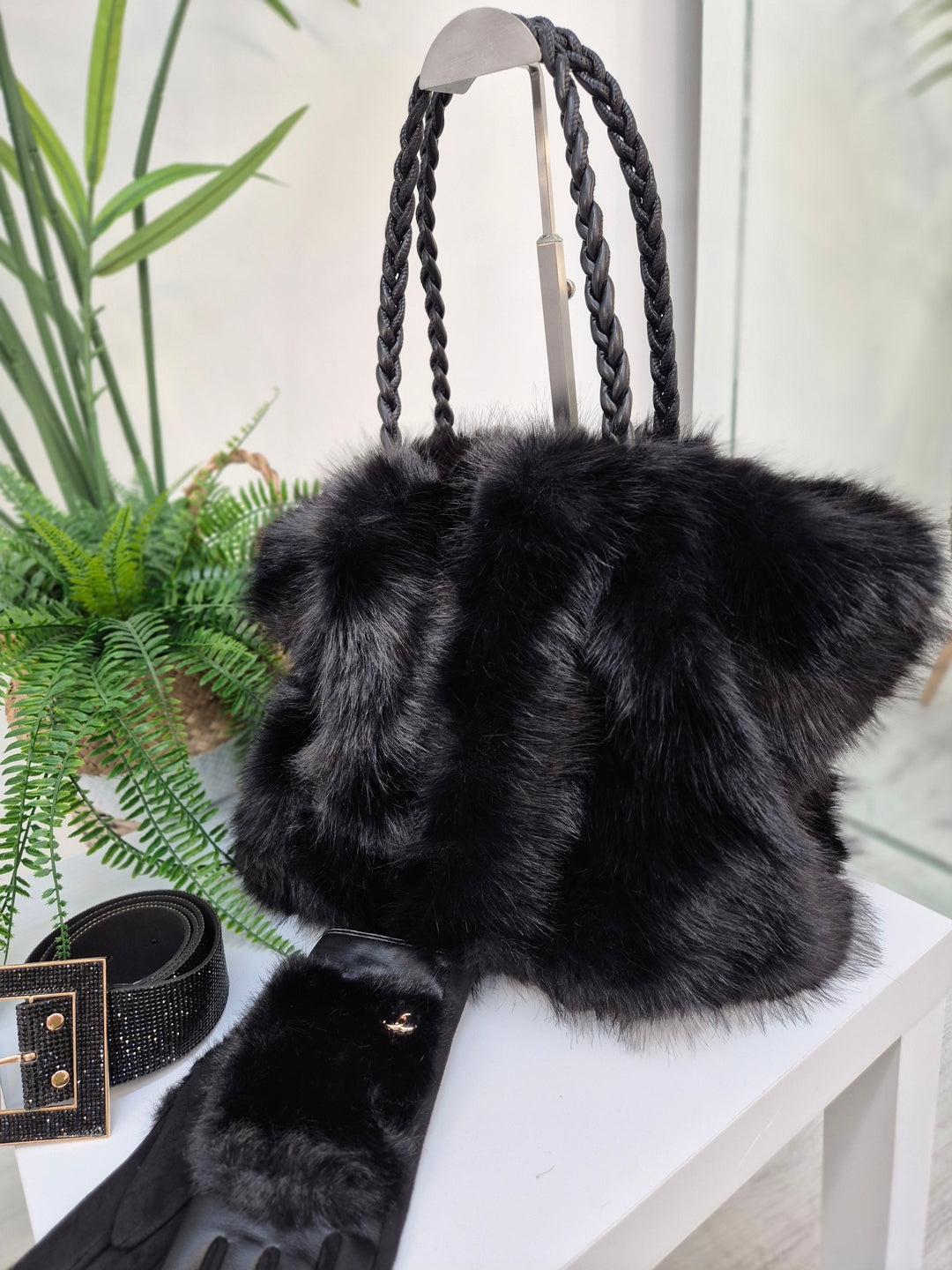 Oslo Faux Fur Bag with Dual Handles - Black (Large Size)