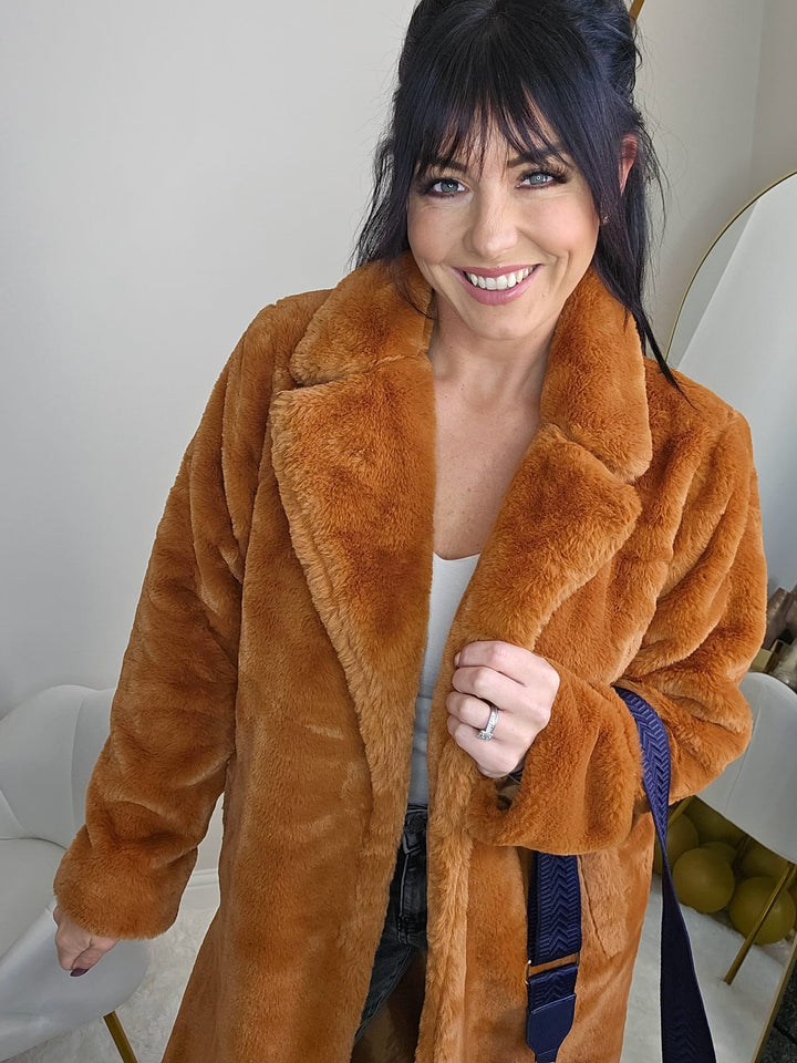 Oslo Faux Fur Longline Coat - Rust (One Size - fits from Size 10 up to Size 16)