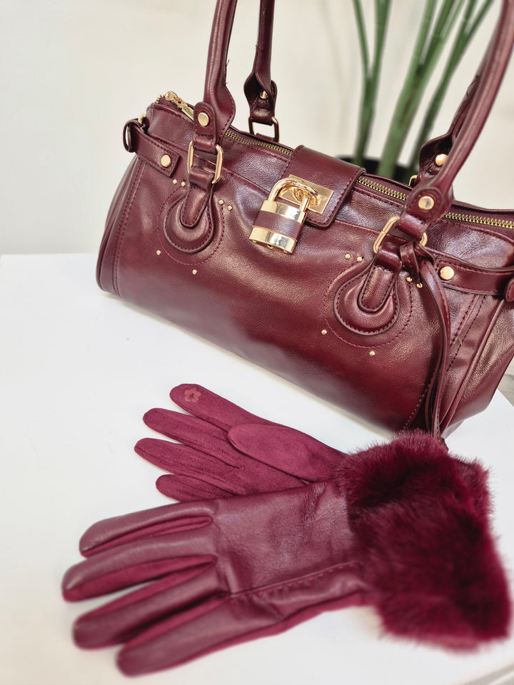 Oslo Gloves with Faux Leather & Faux Fur - Wine