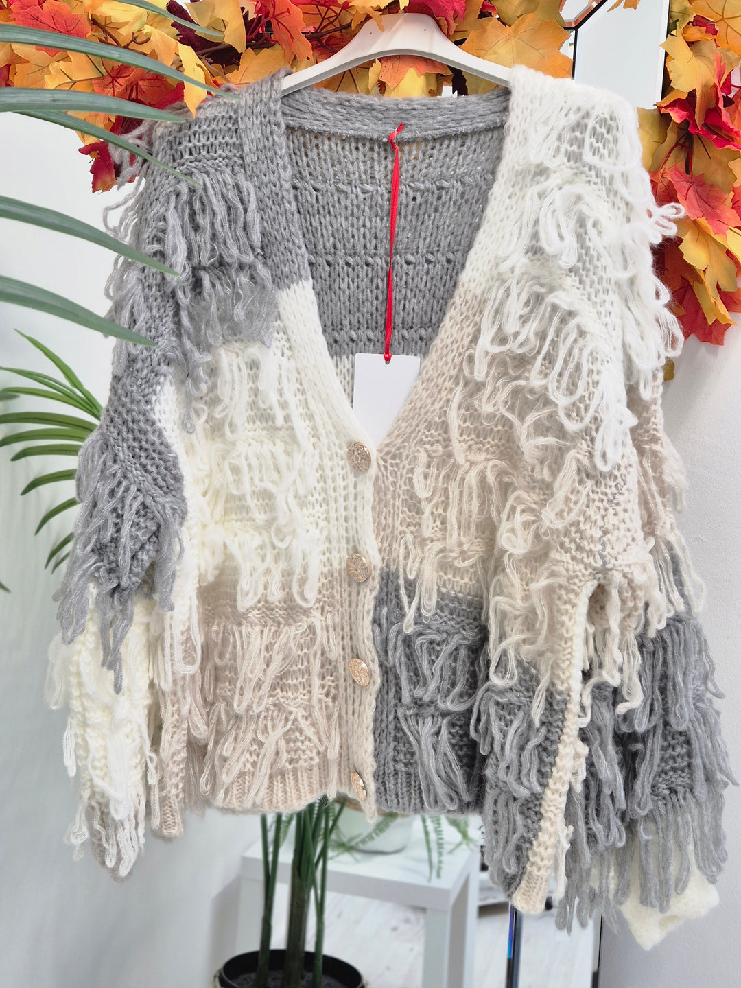 Shaggy Cardigan with Gold Buttons (Oversized) Long Length - Grey