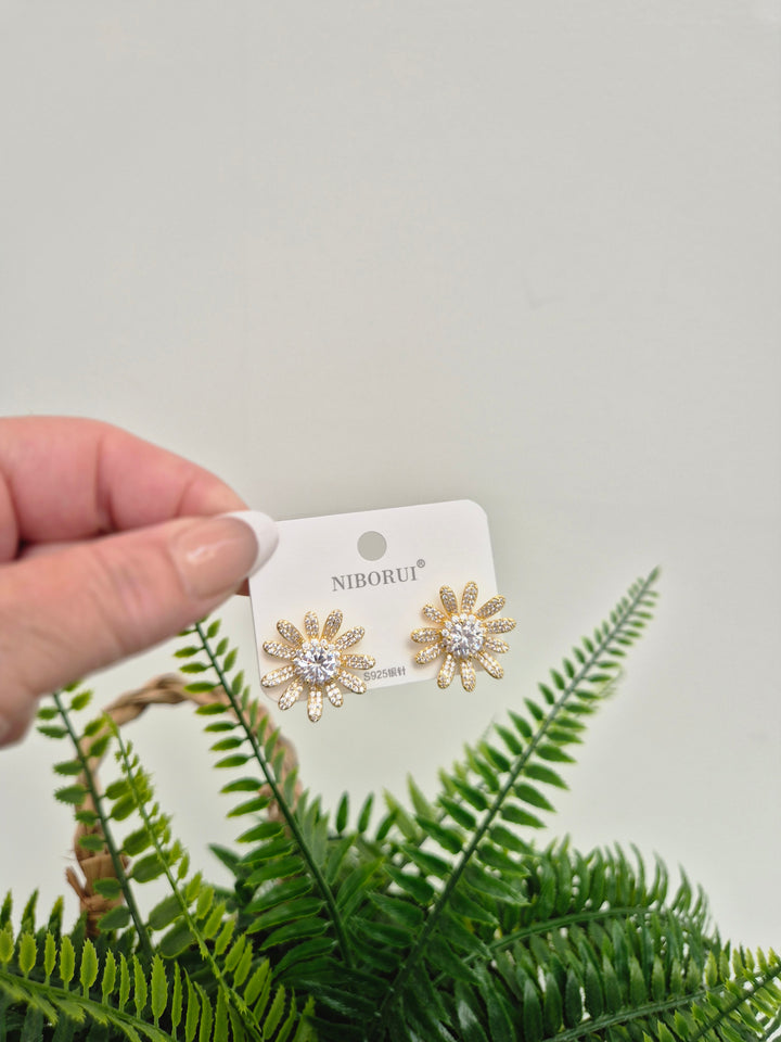 Crystal Flower Earrings - Gold Tone (Pierced)