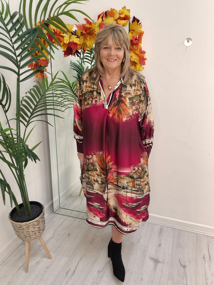 Amalfi Village Silk Dress - Wine - (One Size - fitting from Size 14 to Size 20)