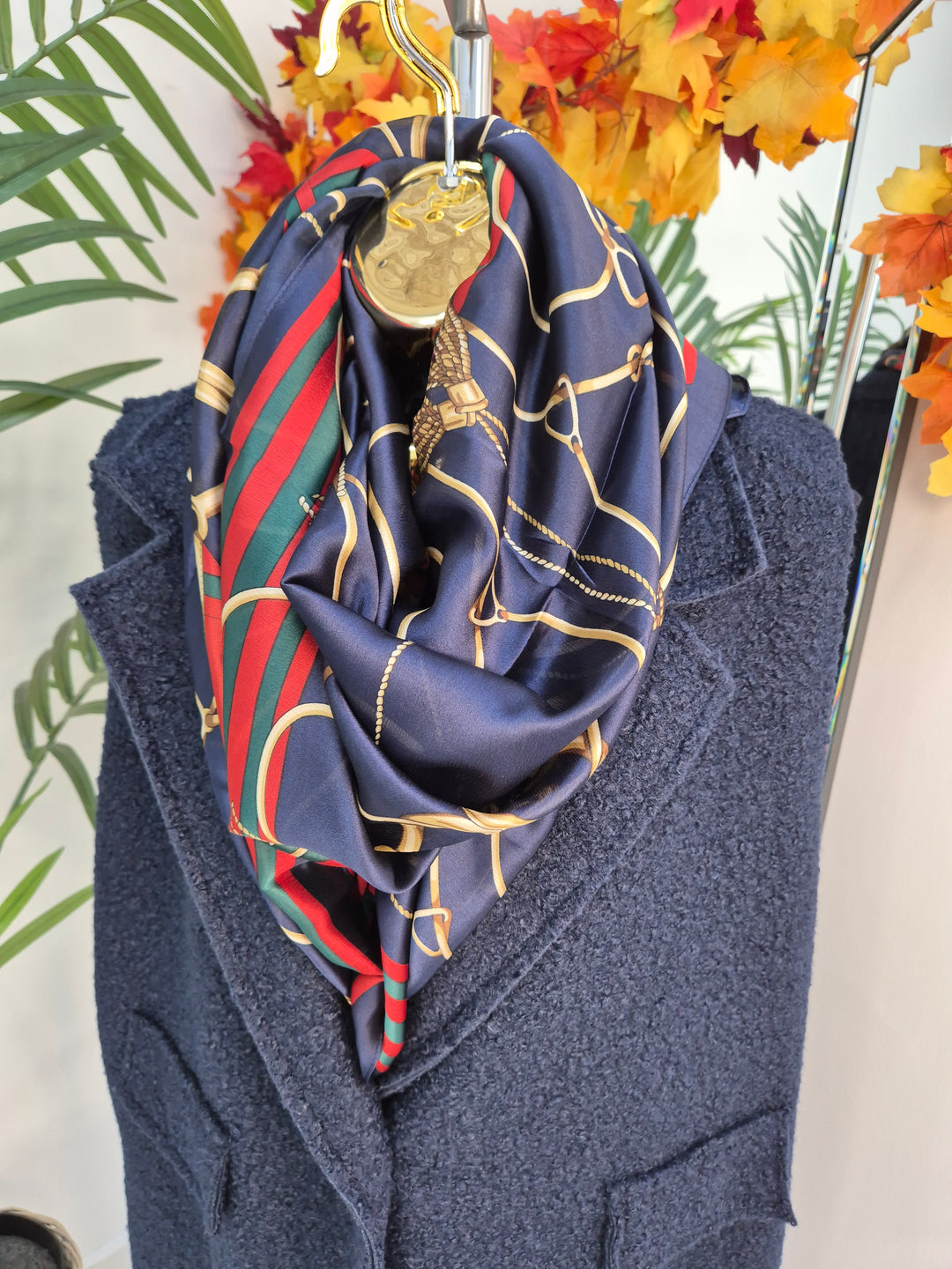 Oversized Silk Chain Print Scarf - Navy/Gold