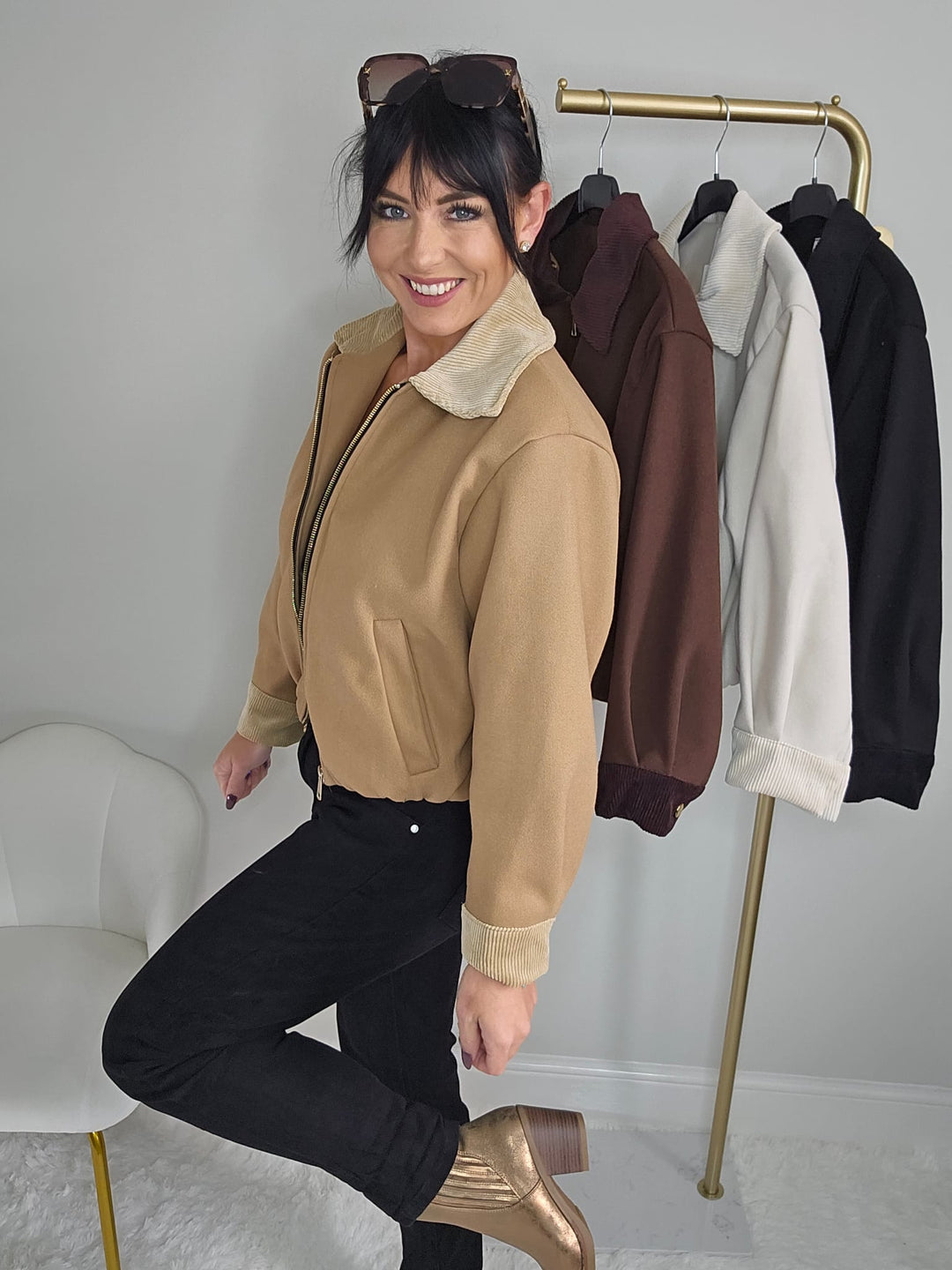 Betsy Bomber Jacket with Cord Collar (One Size) - Camel