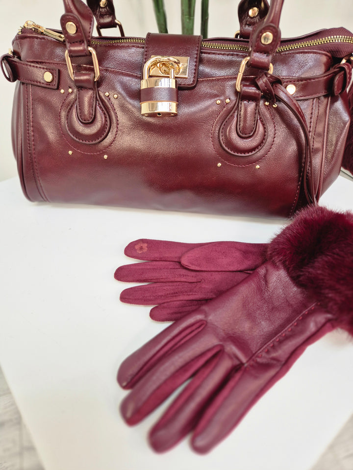 Oslo Gloves with Faux Leather & Faux Fur - Wine
