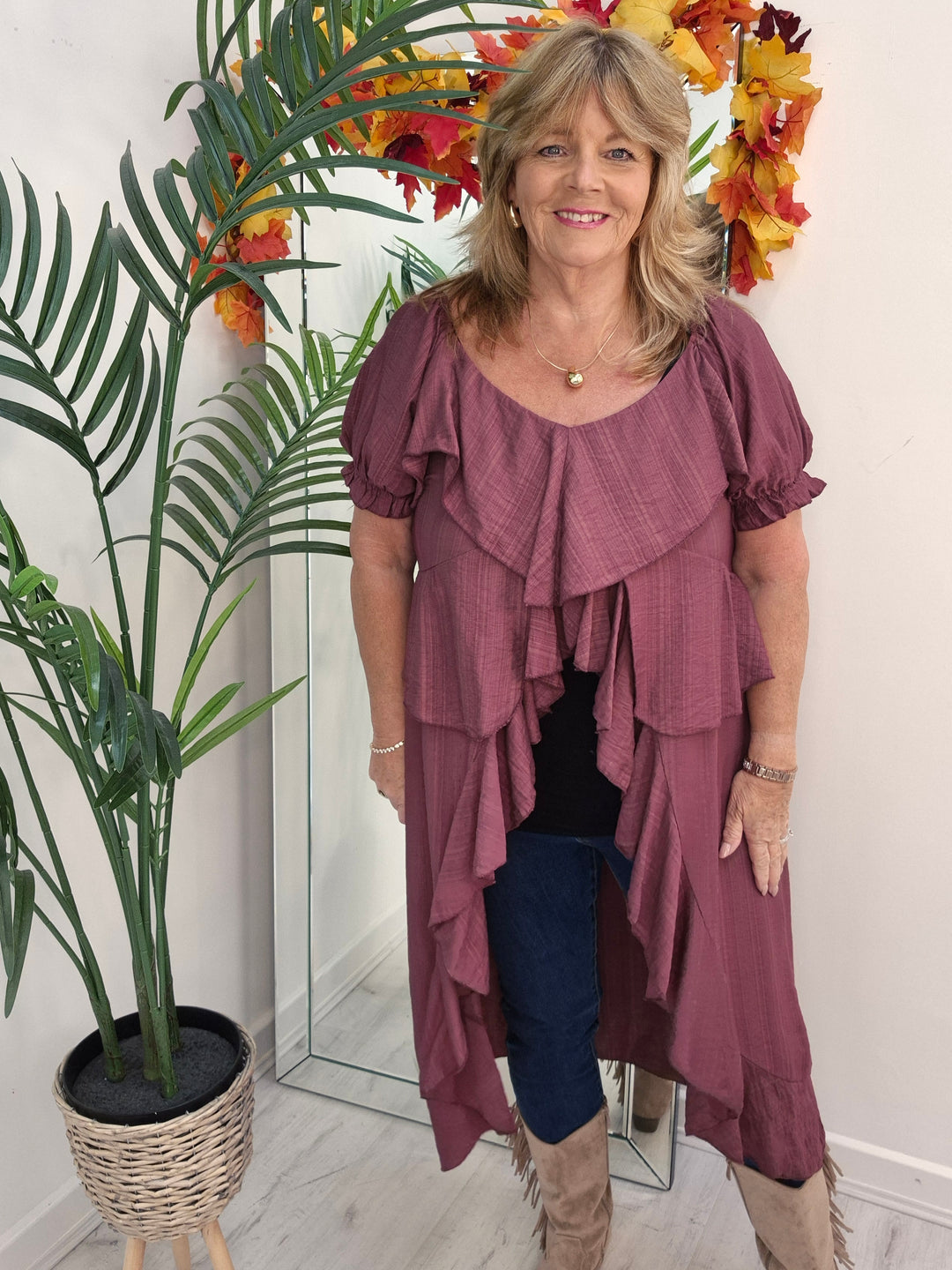 Rhea Ruffle Hi Lo Blouse - Wine - One Size fits up to Size 16/18