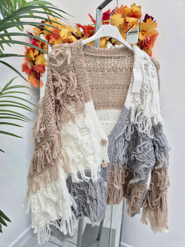 Shaggy Cardigan with Gold Buttons (Oversized) Long Length - Camel