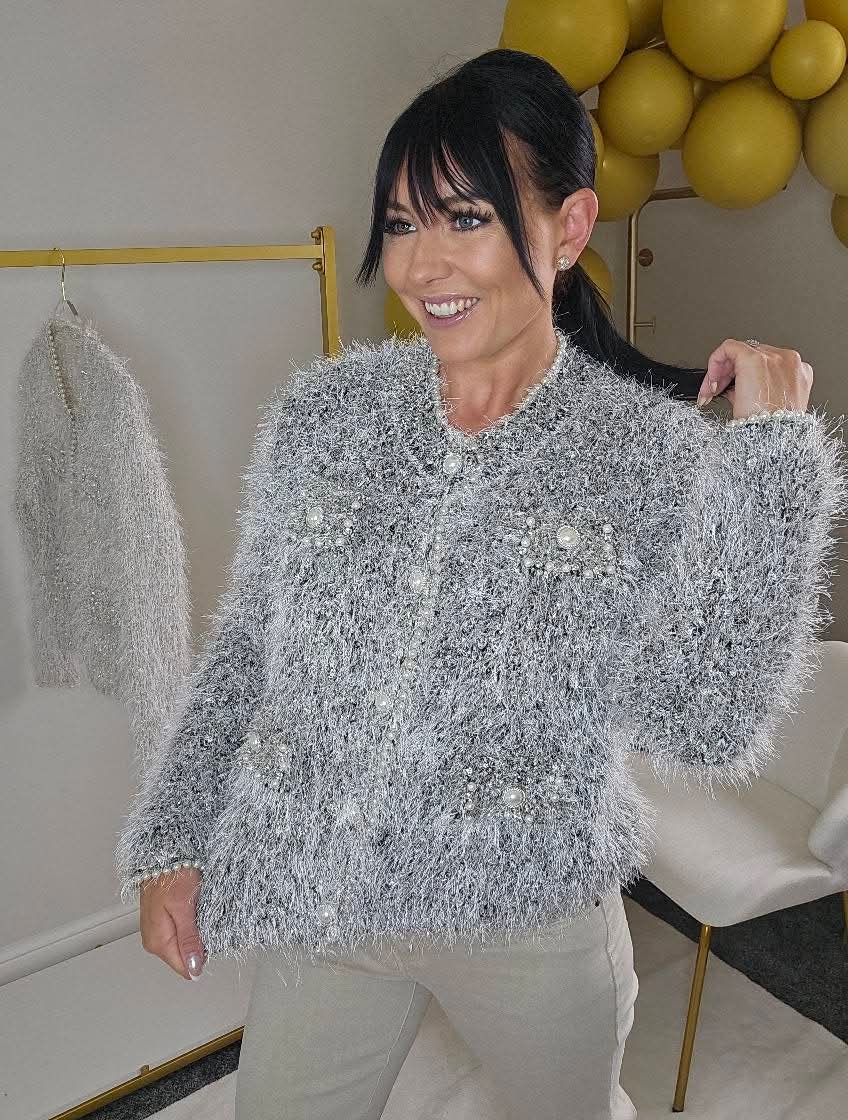 Paula Pearl & Crystal Eyelash Cardigan - (One Size fits up to Size 18) - Black/Silver