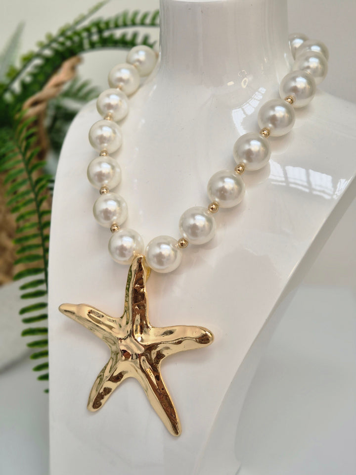 Starfish & Pearl Statement Necklace - Gold Tone