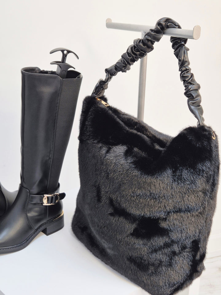 Oslo Large Faux Fur Bag with Stretchy Faux Leather Handle - Black