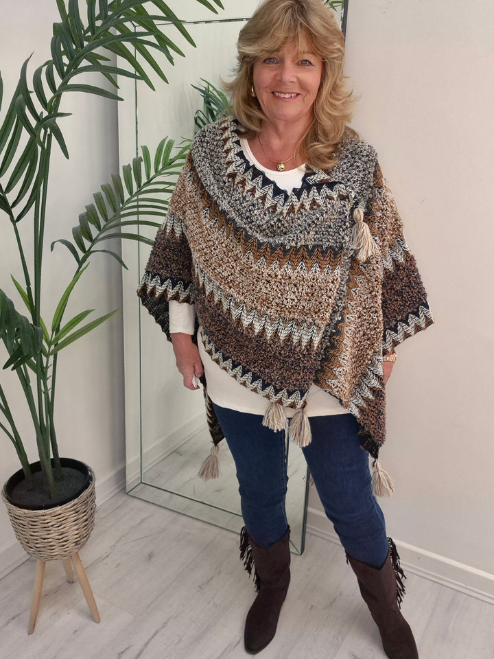 Aztec Poncho with Tassels - Chocolate Multi