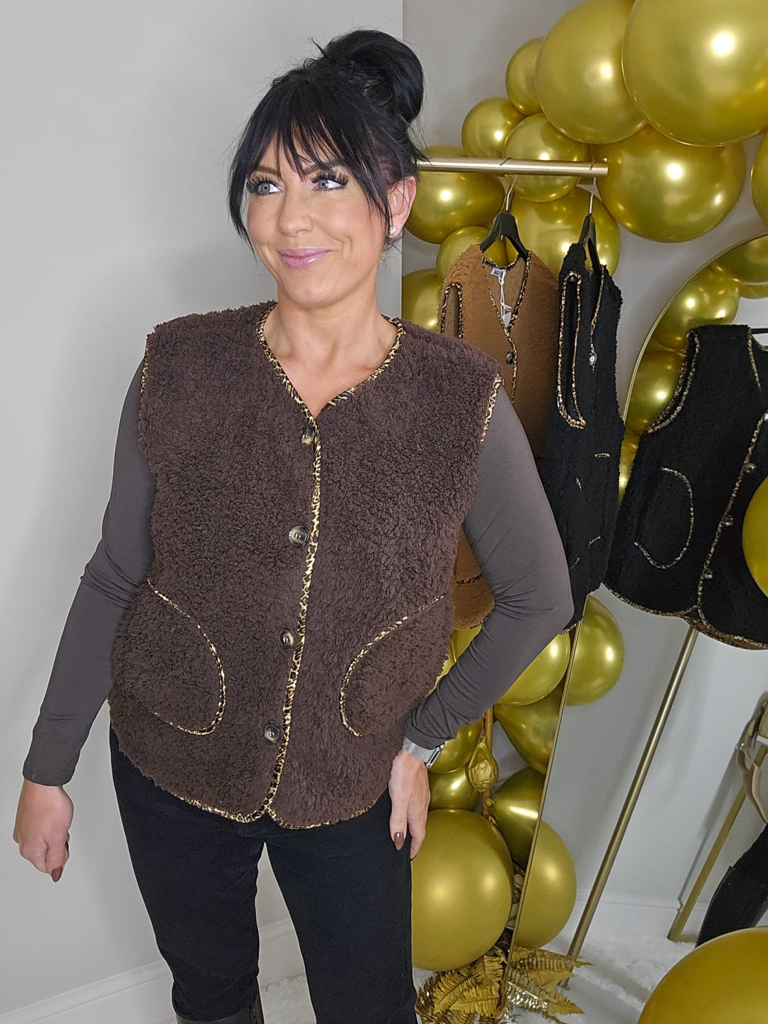 Teddy Waistcoat with Leopard Trim - (One Size fits from Size 8 to Size 16) - Chocolate