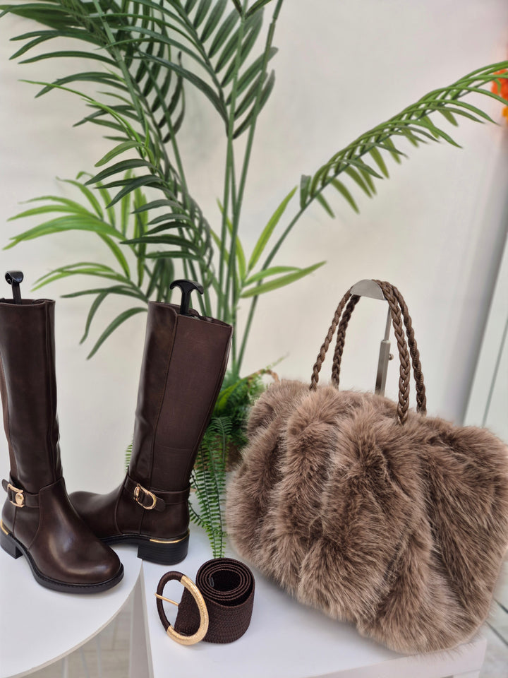 Oslo Faux Fur Bag with Dual Handles - Chocolate (Large Size)