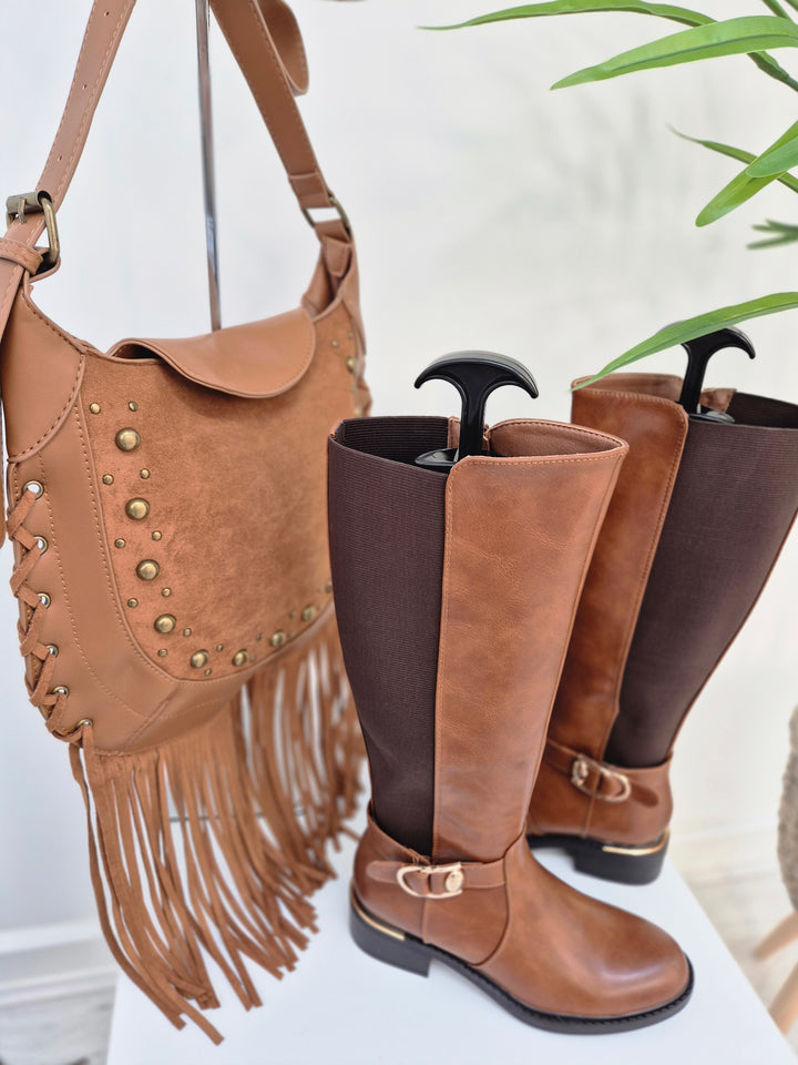 Farley Studded & Tassel Saddle Bag - Tan