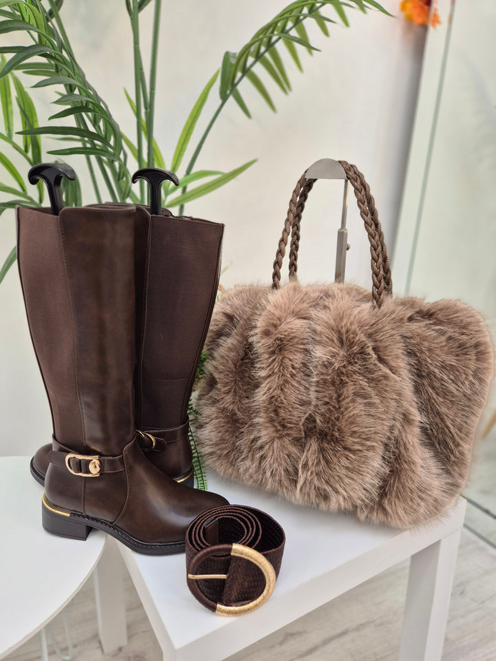 Oslo Faux Fur Bag with Dual Handles - Chocolate (Large Size)