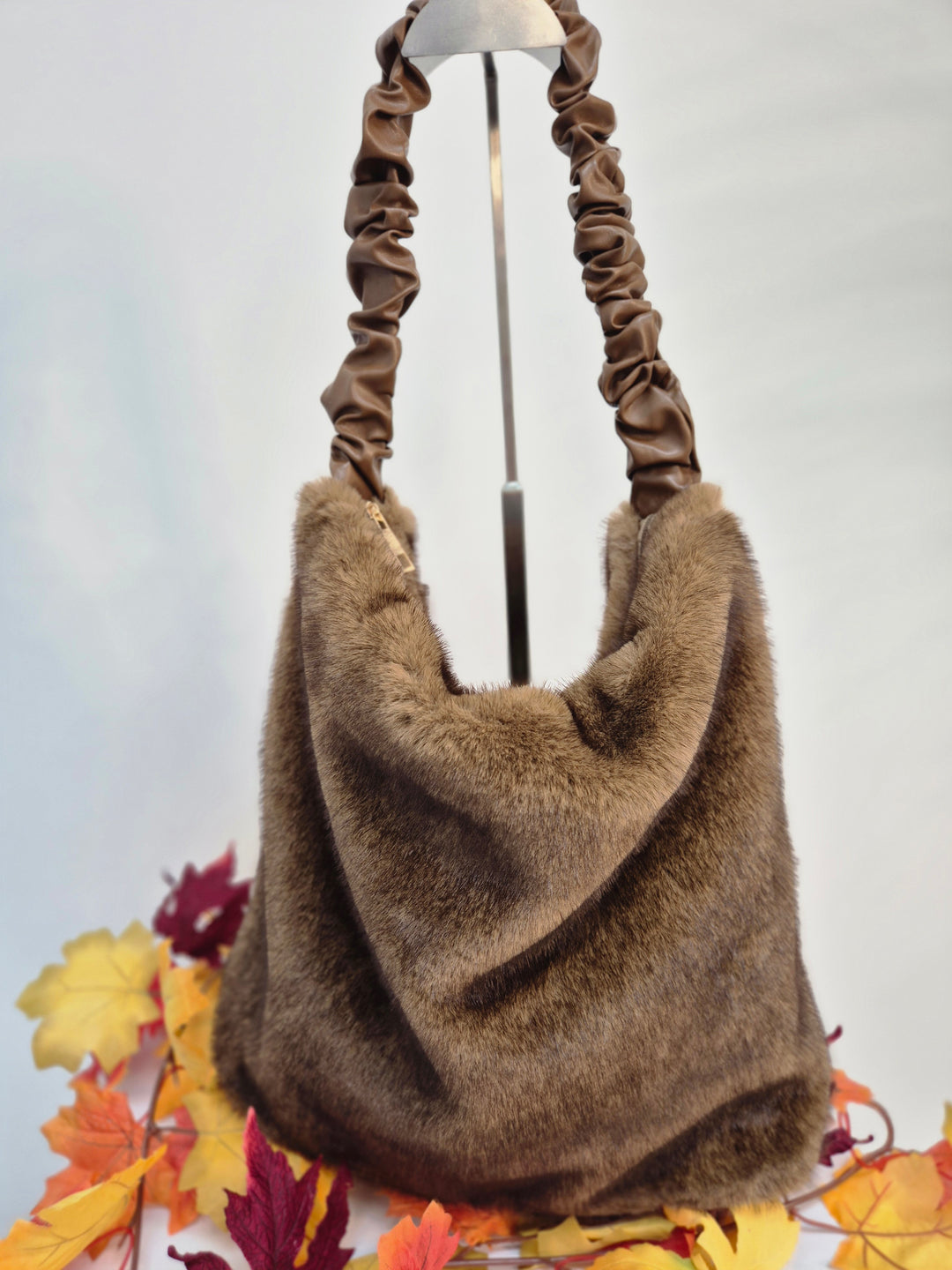 Oslo Large Faux Fur Bag with Stretchy Faux Leather Handle - Chocolate