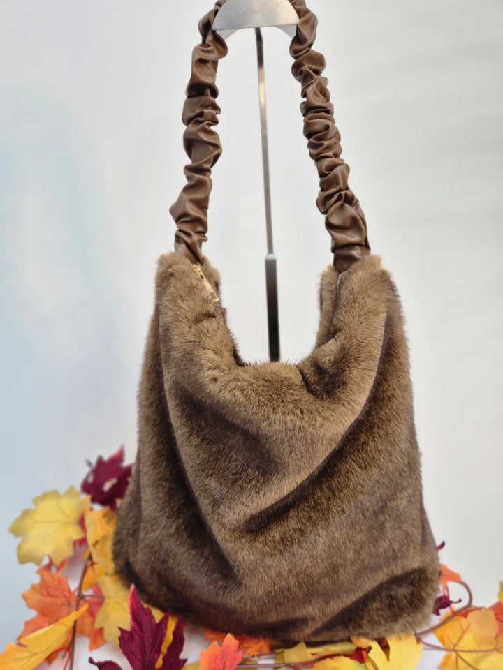 Oslo Large Faux Fur Bag with Stretchy Faux Leather Handle - Chocolate