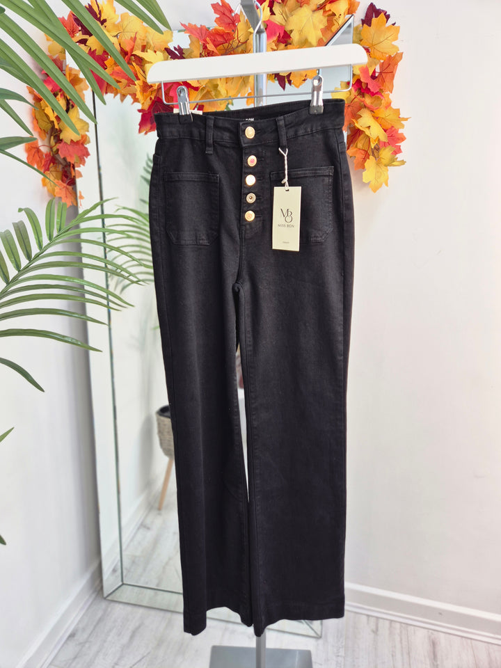 Folyrose Wide Leg Jeans with Buttons - Black - (choose your Size)