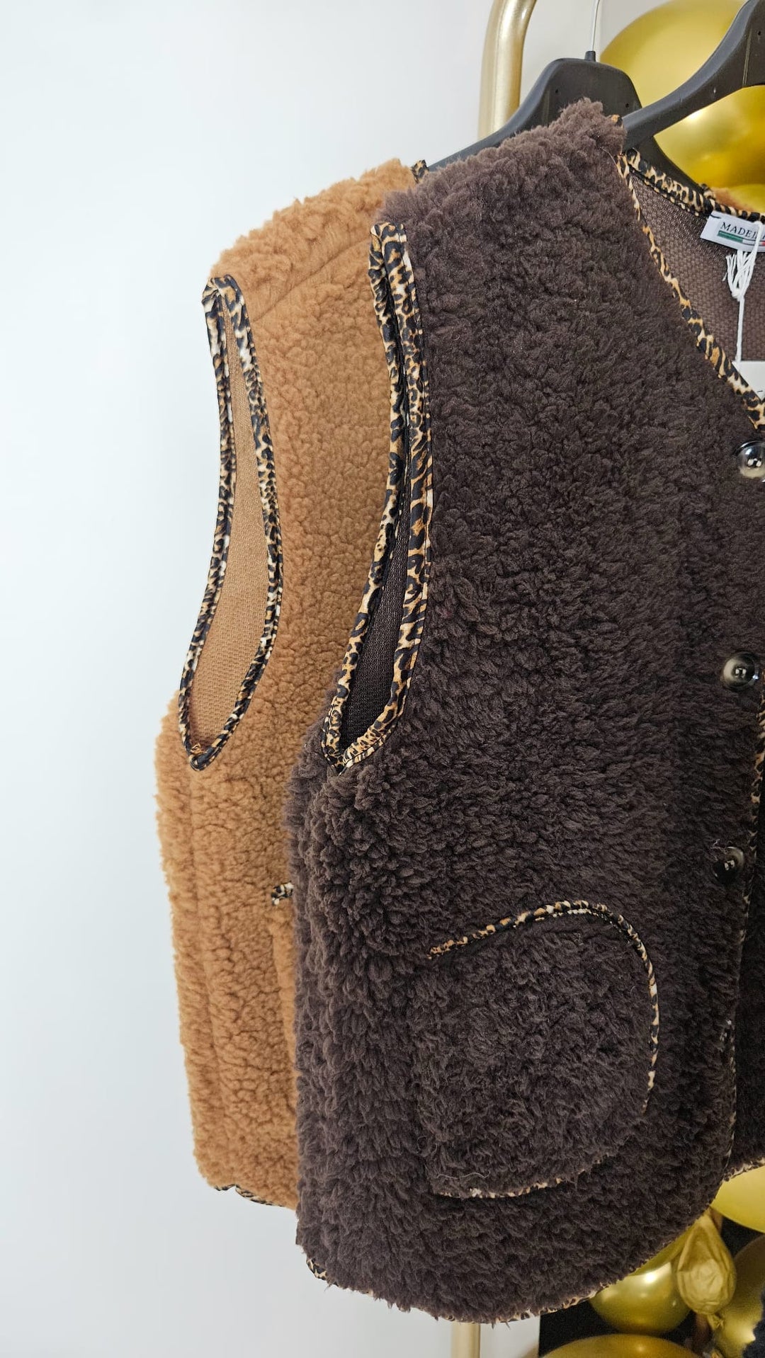 Teddy Waistcoat with Leopard Trim - (One Size fits from Size 8 to Size 16) - Chocolate