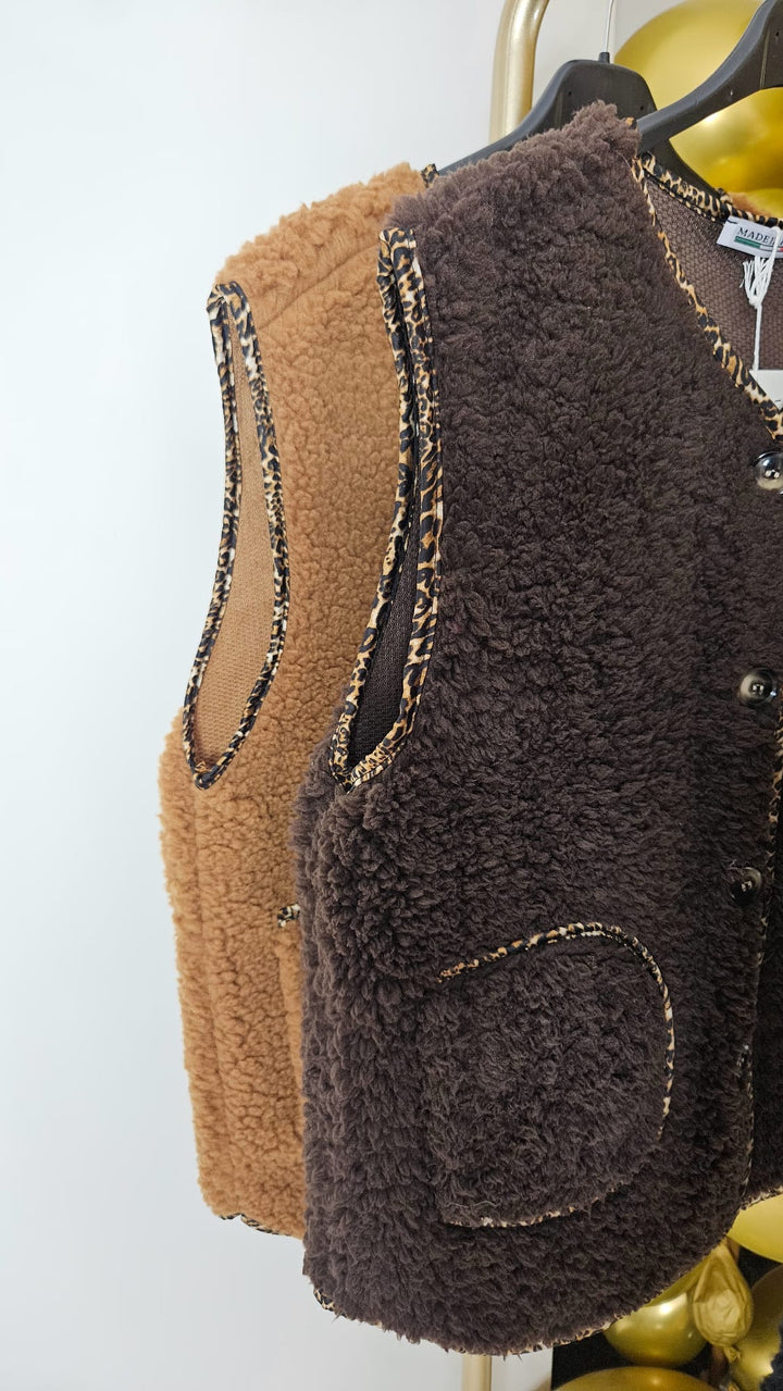 Teddy Waistcoat with Leopard Trim - (One Size fits from Size 8 to Size 16) - Chocolate