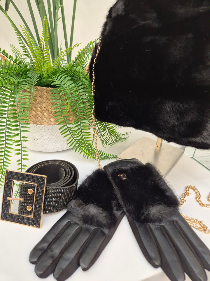 Oslo Gloves with Faux Leather & Faux Fur - Black with Gold Tone Logo