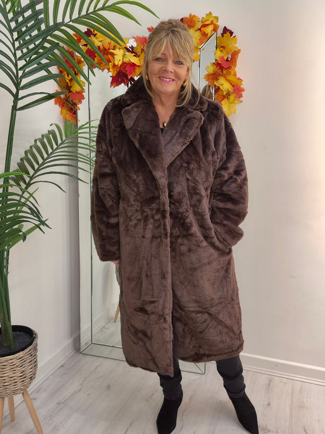Oslo Faux Fur Longline Coat - Chocolate (choose your Size)