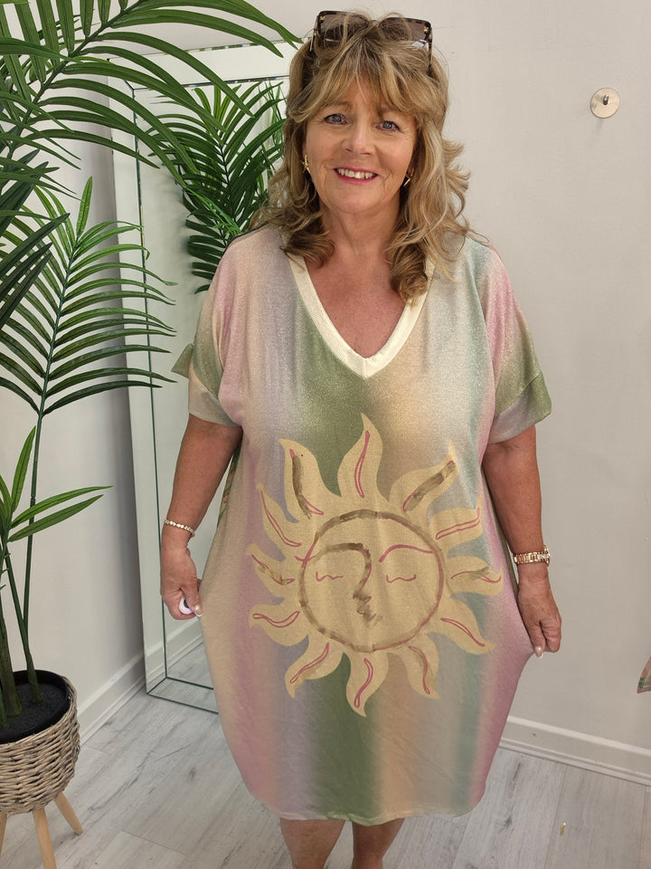 Carla Shimmer Dress - Sunshine with Palms (Loose Fit)