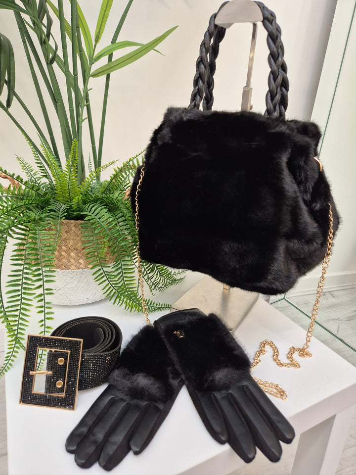 Oslo Gloves with Faux Leather & Faux Fur - Black with Gold Tone Logo