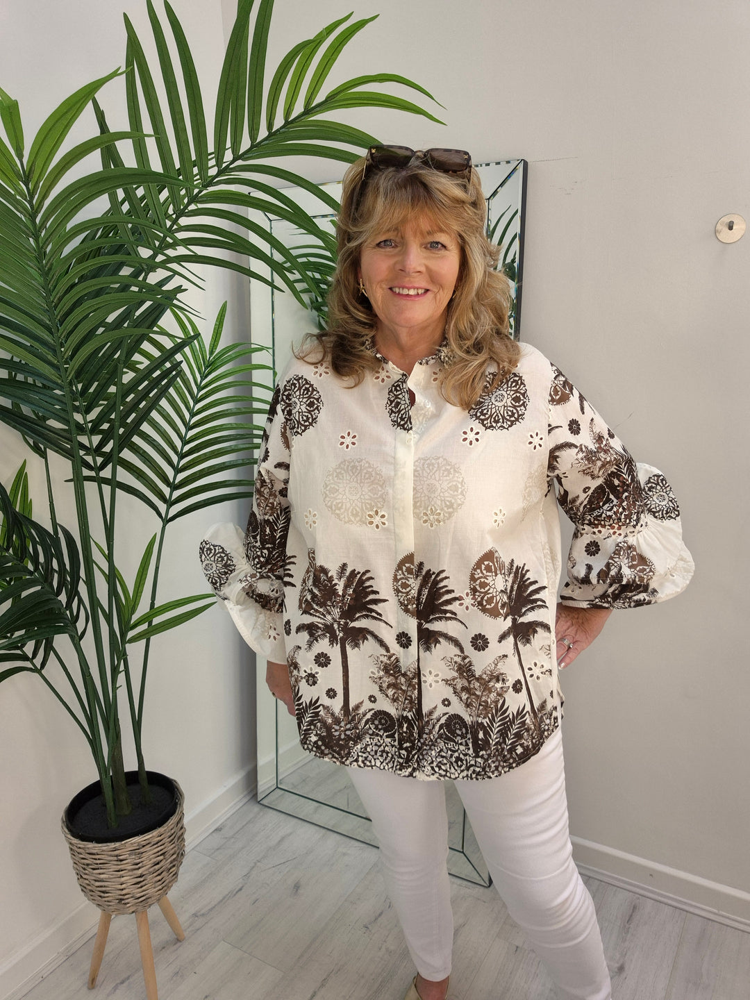 Zetta Otto Double Fluted Sleeve Blouse - White/ Chocolate - Palm (Oversized)