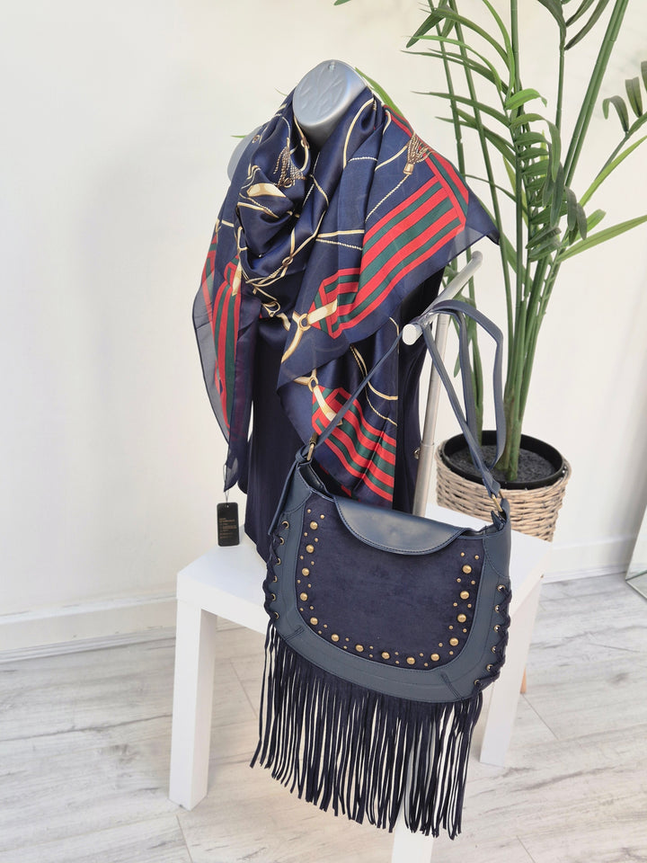 Farley Studded & Tassel Saddle Bag - Navy