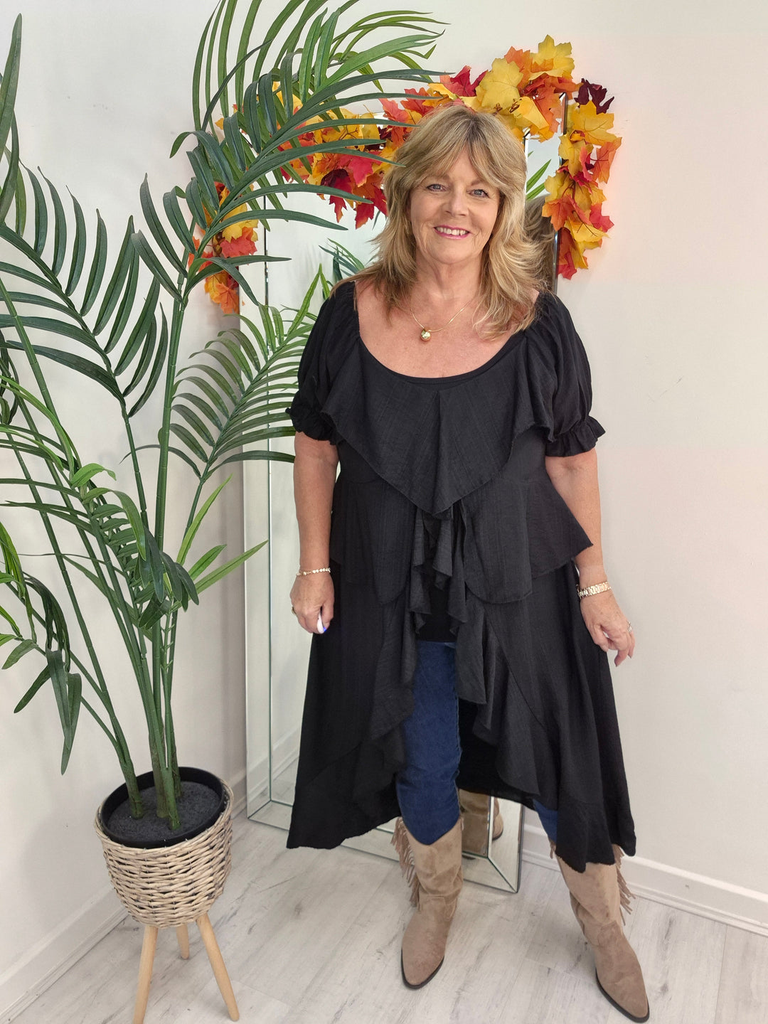 Rhea Ruffle Hi Lo Blouse - Black - One Size fits up to Size 16/18