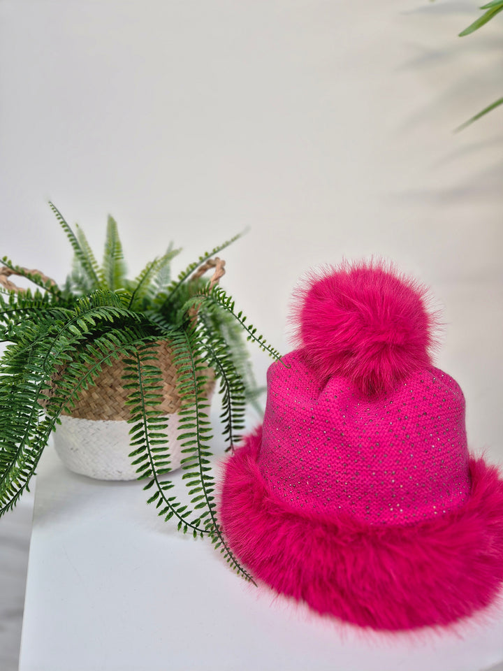 Oslo Faux Fur & Crystals Pom Pom Hat - Hot Pink