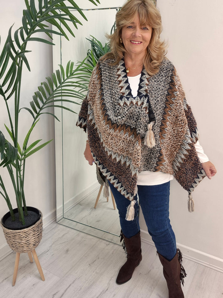 Aztec Poncho with Tassels - Chocolate Multi