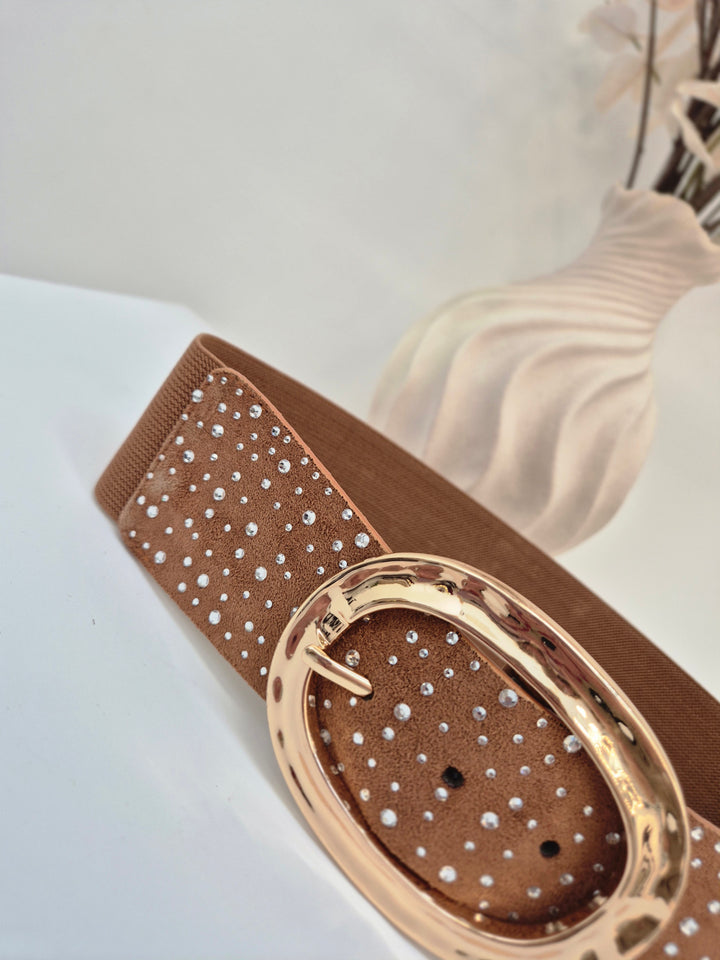Stretchy Crystal Belt - Tan - (One Size, fits from Size 8 to Size 16)