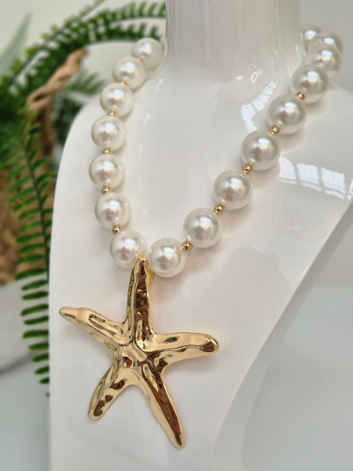 Starfish & Pearl Statement Necklace - Gold Tone