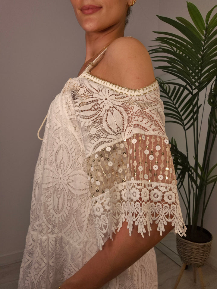 Ibiza Strappy Dress with Cold Shoulder - White/Gold