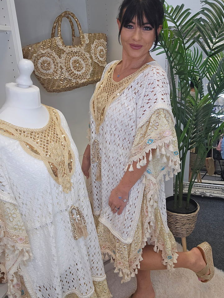 Santorini Kaftan - White/Gold (Curvilicious)