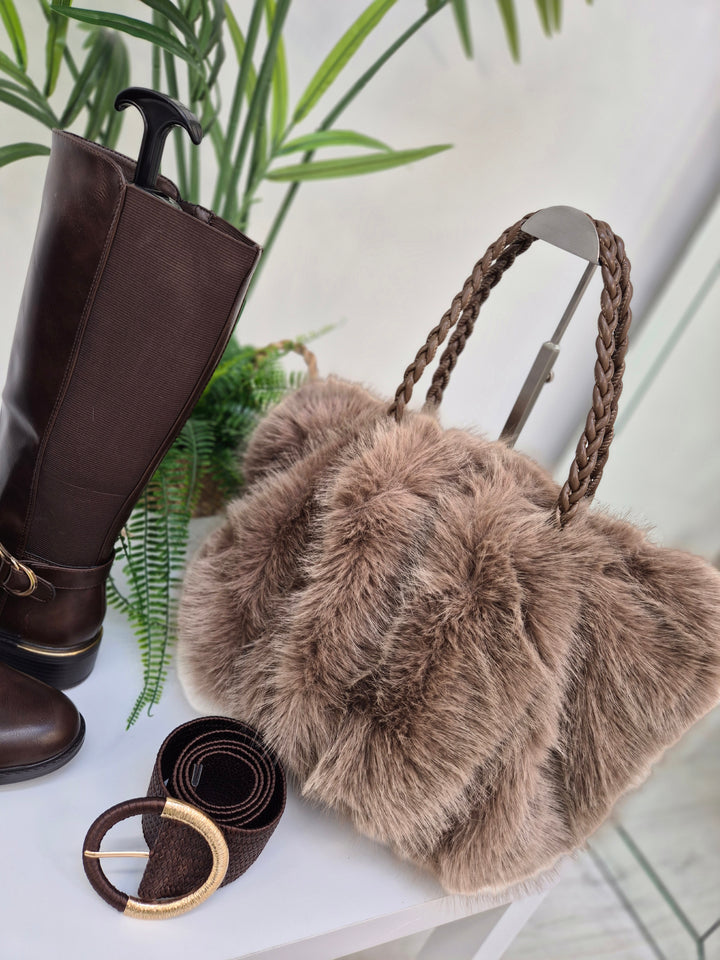 Oslo Faux Fur Bag with Dual Handles - Chocolate (Large Size)