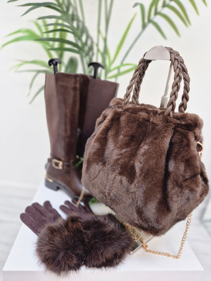 Oslo Faux Fur Bag with Gold Chain - Chocolate
