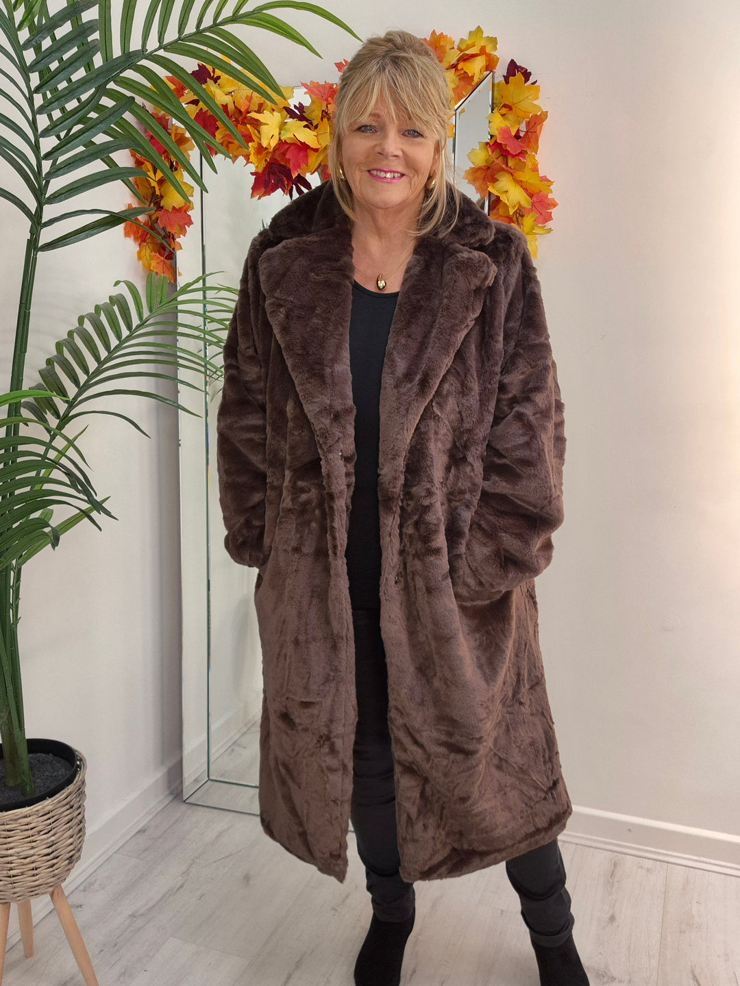Oslo Faux Fur Longline Coat - Chocolate (choose your Size)