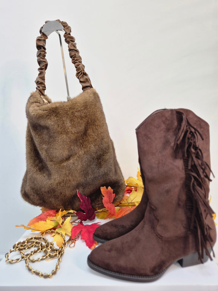 Oslo Large Faux Fur Bag with Stretchy Faux Leather Handle - Chocolate